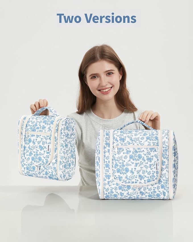 Narwey Large Hanging Toiletry Bag for Women Travel Makeup Bag Make up Organizer Toiletries Bag for Cosmetics Essentials Accessories (Large, Blue Flower)