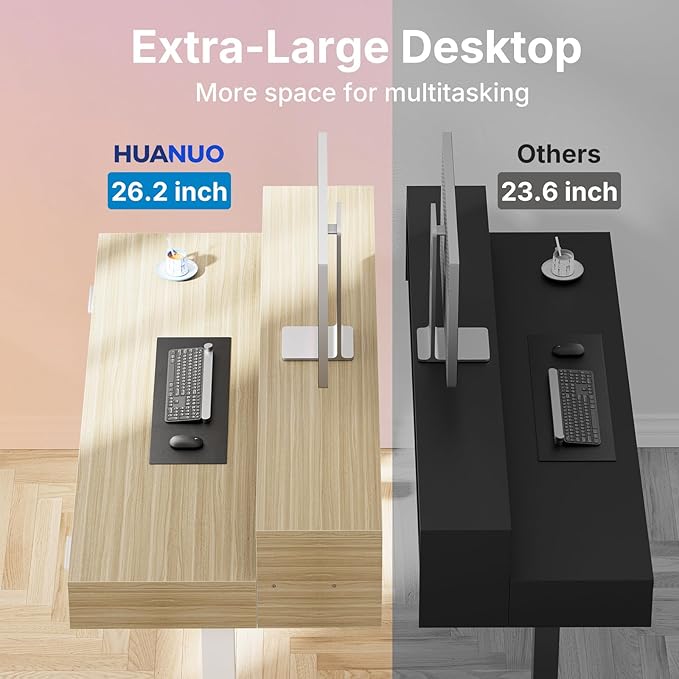 HUANUO 48″ x 26″ Electric Standing Desk with 2 Drawers &24.4″ Large Keyboard Tray, C-Clamp Mount Compatible, Adjustable Computer Desk for Office, Sit Stand Up Desk with 4 Height Presets, Light Walnut