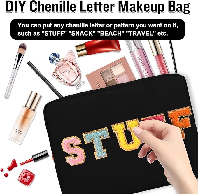 Nylon Large Makeup Bag Travel Pouch for Women, Preppy Big Black Makeup Bag Cute Cosmetic Zipper Pouch Purse, DIY Chenille Letter Bag Waterproof Toiletry Bag Clutch Make Up Organizer for Girls(Black)
