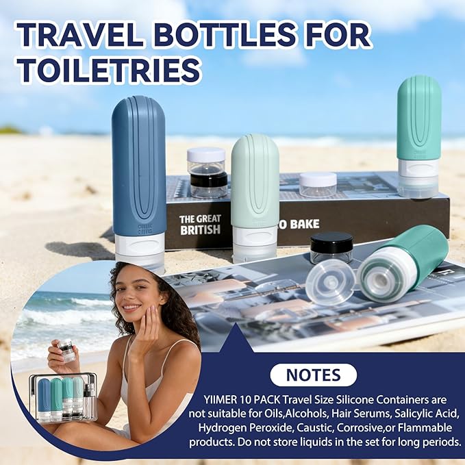 Travel Bottles for Toiletries 10 Pack, TSA Approved Travel Size Toiletries Essentials Containers Set, Leak Proof Silicone Bottles Kit, Refillable Liquid & Creams Accessories (GREEN)