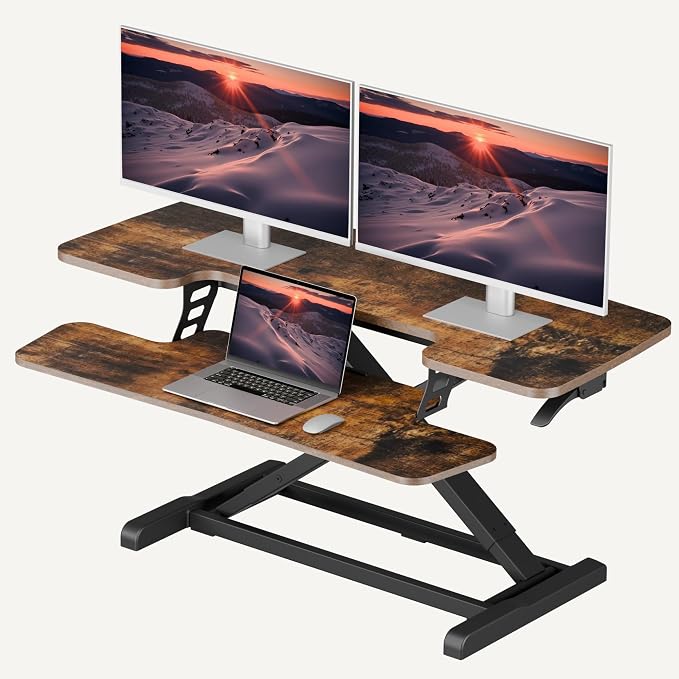 SANODESK 40" Standing Desk Converter, Effortless Lift Sit-Stand Desk Riser for Dual Monitors, Large Ergonomic Computer Workstation Tabletop, Rustic Brown