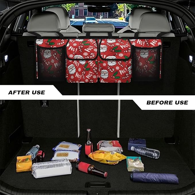 Hanging Car Trunk Organizer Red Christmas Collapsible Car Back Seat Storage Bag Auto Cargo Bags with 4 Large Pockets Universal Automotive Interior Accessories