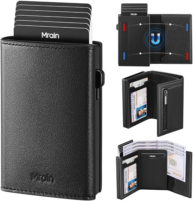 Mens Slim Minimalist Wallet Card Holder with Coin Pocket, Cash Slot, Magnetic Closure, Pop Up Aluminum Case, ID Window, Leather Wallet, RFID Blocking, 9-13 Card Capacity (Black)