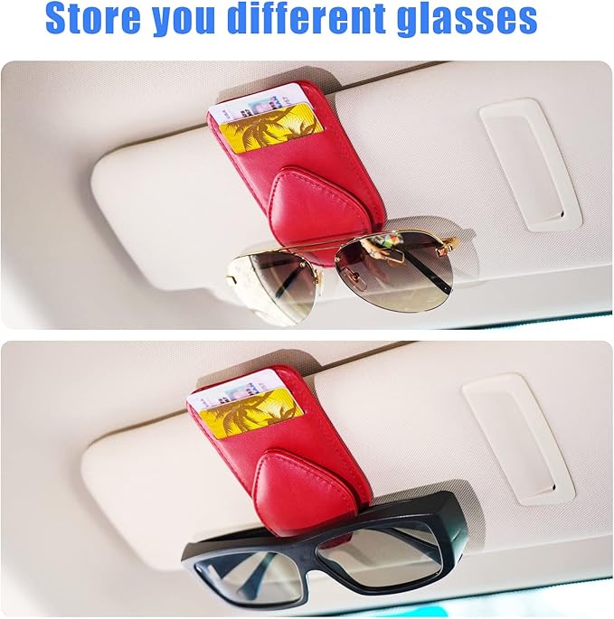 Sunglass and Card Holder for Car Visor, 2 Card Slots Visor Glasses Clip, Strong Magnetic Visor Holder, Visor Accessories for Cars SUV((Red 1Pc)