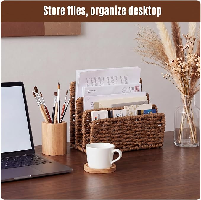 Paper Rattan Mail Organizer for Desk Mail Holder Countertop with 3 Slot Paper Rattan Letter Sorter File Holder Envelope Book Stand Farmhouse Office Desk Organizer and Storage Accessories