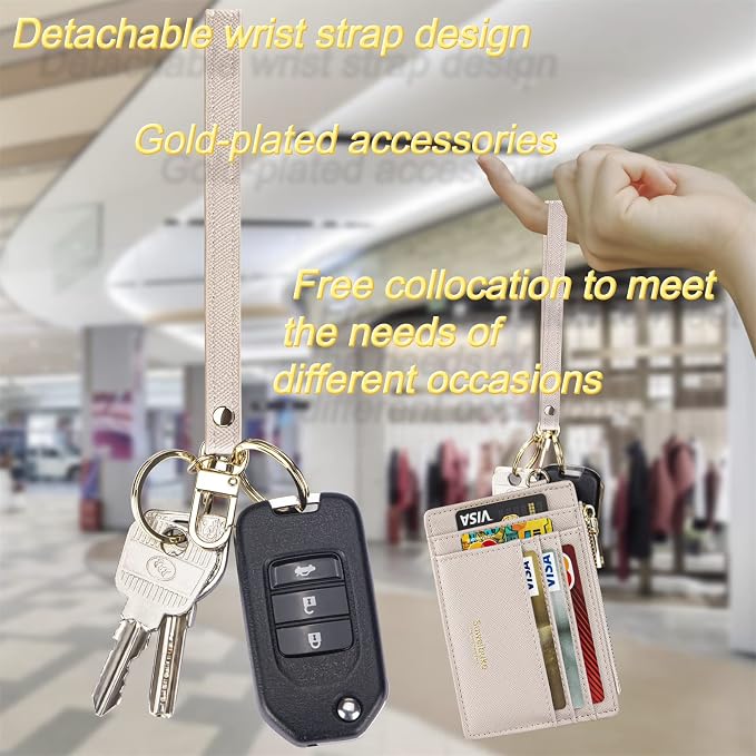 Wikavanli Women Slim Rfid Blocking Credit Card Case Holder Wristlet Zip ID Case Wallet Small Compact Leather Wallet Coin Purse with Keychain(Light Sand)