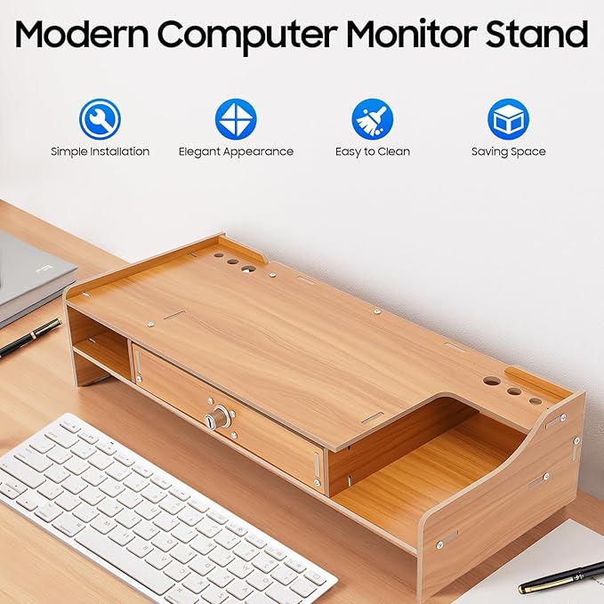 Monitor Stand Wooden Desktop Organizer with Lockable Drawers & Keys & Phone Holder Vintage Multi Compartment Desk Shelf for Home,Office (Z0802)