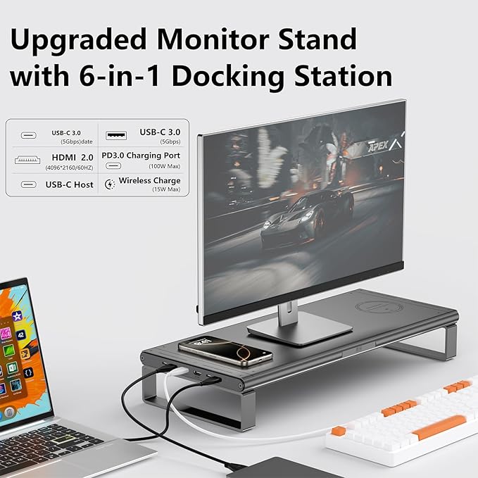 Monitor Stand with Docking Station, Aluminum Monitor Riser with 6-in-1 Docking Station: 4K HDMI, USB-C, USB 3.0, PD 100W, Wireless Charging,Metal Desk Stand with Storage-Silver Gray