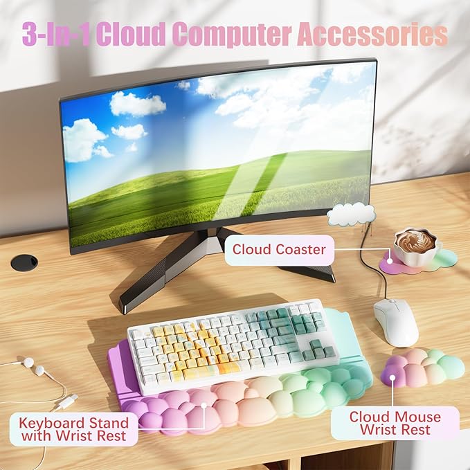 Ergonomic Wrist Rest for Keyboard, Soft Memory Foam Cloud Keyboard Stand Pad with Wrist Rest Set with Non-Slip Silicone Base, Easy Typing, Pain Relief, Comfort for Computer Laptop Mac - Rainbow