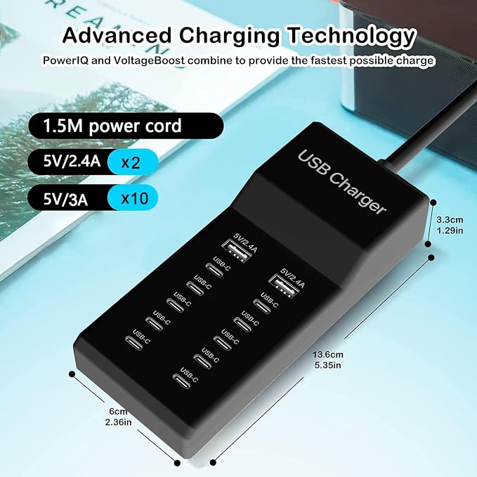 Multiple USB C Charger, 12 Ports USB Charging Station, 60W MultiPort Charger[10 USB-C+2 USB-A], USB Wall Charger, Desktop USB Charger for iPhone/iPad/Samsung/Google Pixel/Watch/Headphones(Black)