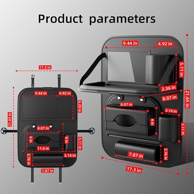 2 Pack Universal Premium Leather Foldable Car Backseat Organizer with Table Tray, Car Seat Back Protector with Garbage Bag Touch Screen Pad Holder, Car Kick Mats with Tissue Box (Black)
