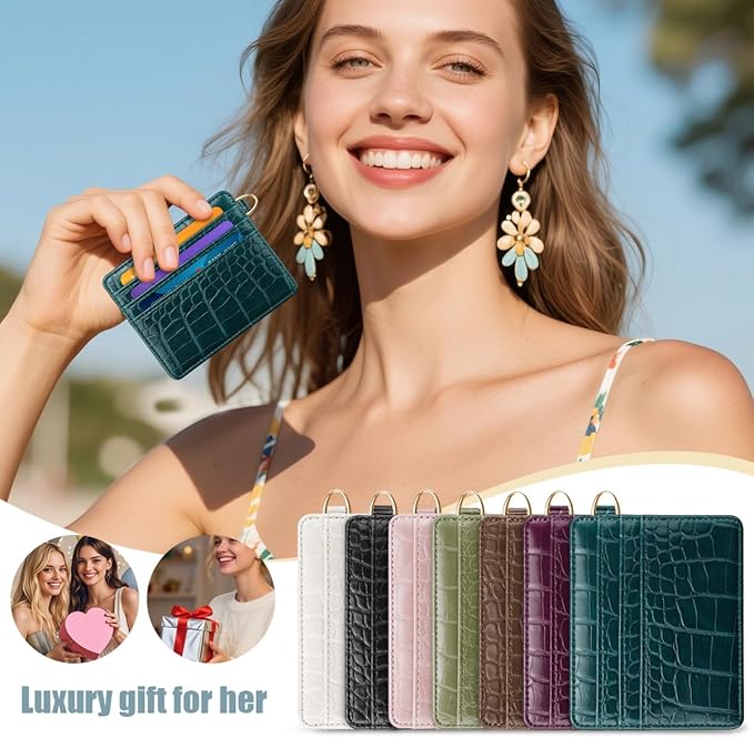 Slim Credit Card Holder Crocodile Wallet Women Thin Alligator Wallets RFID Blocking Minimalist Lightweight Small Cute Cards Holders with ID Window, Dark Green