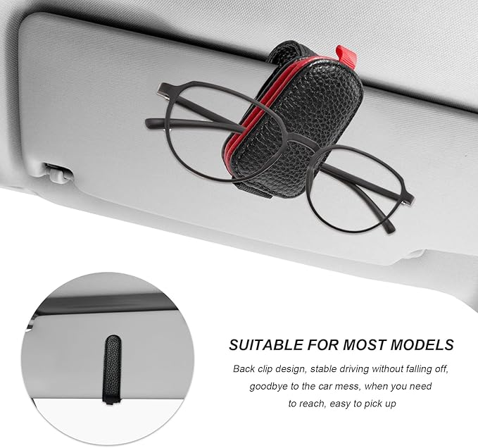 2 PCS Sunglasses Holders for Car Visor, Magnetic Leather Eyeglasses Hanger Mounter Ticket Card Clip, Auto Sun Visor Glasses Holder Business Card Organizer for Men Women (Black & Red)