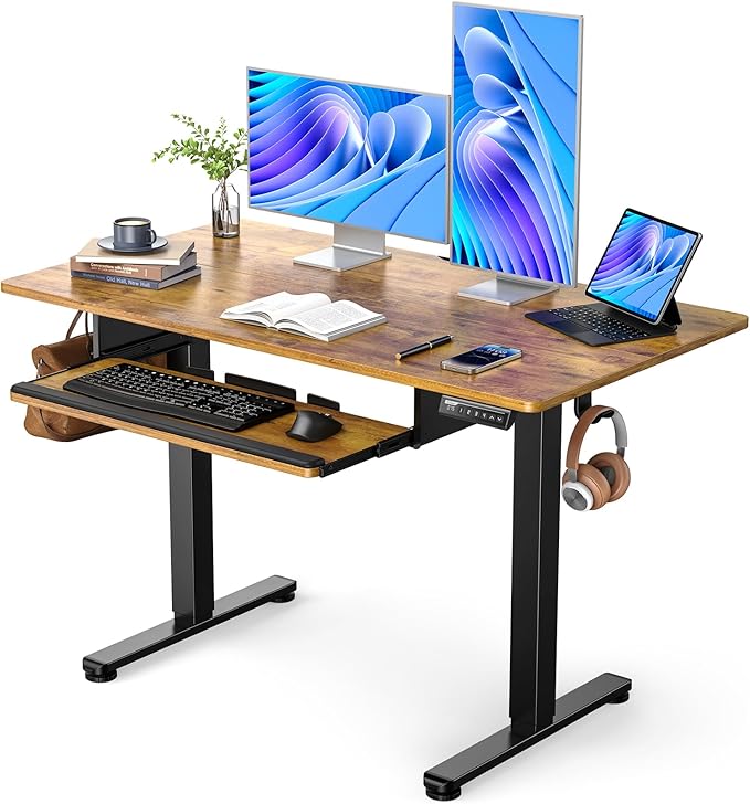 ErGear Electric Standing Desk with Full Size Keyboard Tray, Adjustable Height Sit Stand Up Desk, Home Office Desk Computer Workstation, 48x24 Inches, Vintage Brown
