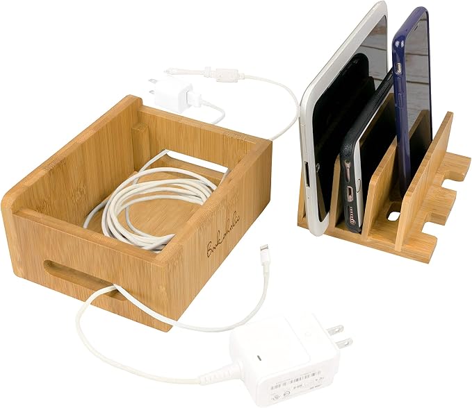 Bookaholic Bamboo Multi-Device Charging Station & Organizer - Rustic Elegant Desktop Dock for Smartphones, iPhone, iPad & Tablets - USB Compatible - Eco-Friendly