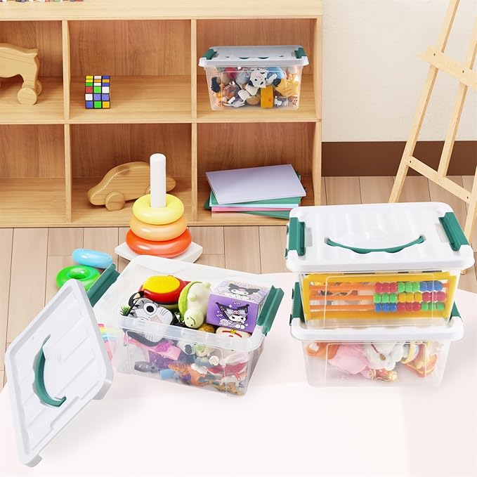 Eslite 6 Quart Plastic Stackable Storage Latch Bins,Clear Latching Box with Handle and Lid,Pack of 6 (Green Handle)