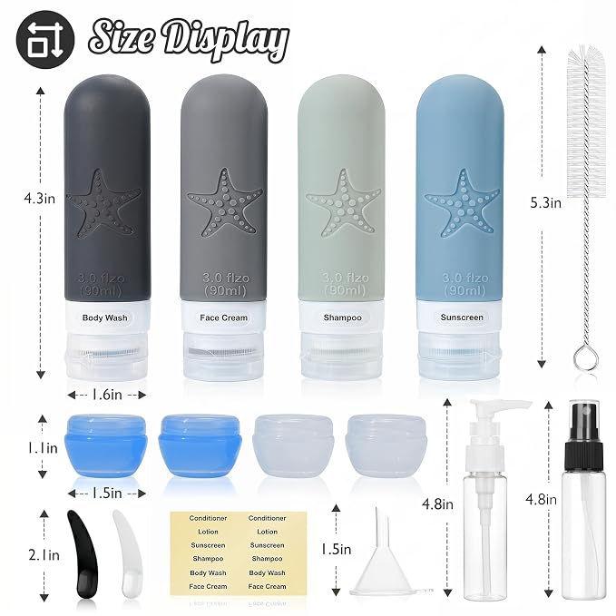 18 Pack Travel Bottles for Toiletries - TSA Approved, Triple Leak Proof Silicone Set, 3oz Refillable Travel Essentials Kit for Shampoo, Conditioner, Lotion & More, Gray, BPA Free