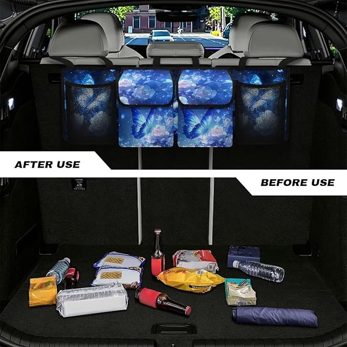 Blue Butterfly Roses Car Backseat Hanging Trunk Organizer for SUV Car Storage Bag with 4 Pockets Multipurpose Adjustable Car Organizer Bag Auto Interior Accessories