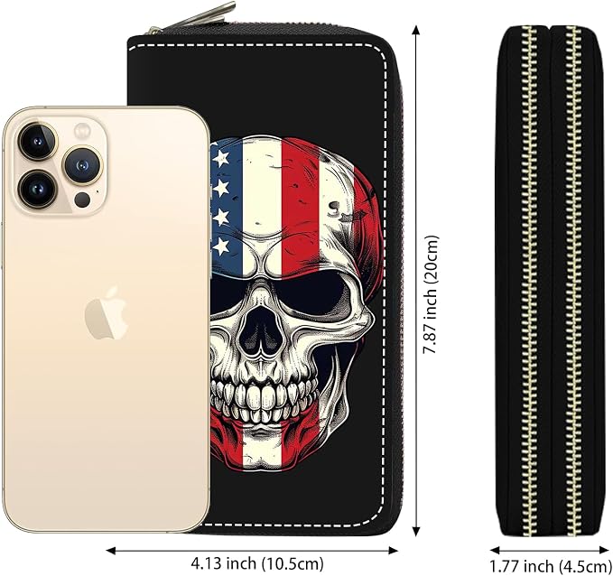 Women's Large Capacity Wallet PU Leather Double Zipper Clutch Purse Multifunctional Wallet with Removable Wristlet Strap for Smart Phone/Coin/Card/Cash - American Flag Skull