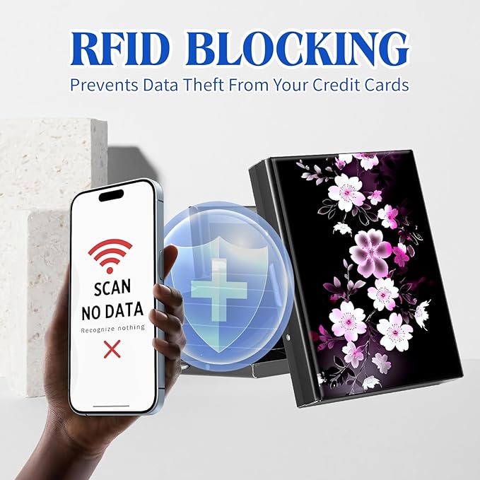 RFID Blocking Credit Card Holder - Slim Metal Wallet for Women & Men,Pink White Flowers Design Stainless Steel Business Card Case,Compact Pocket Organizer for Travel & Daily Use