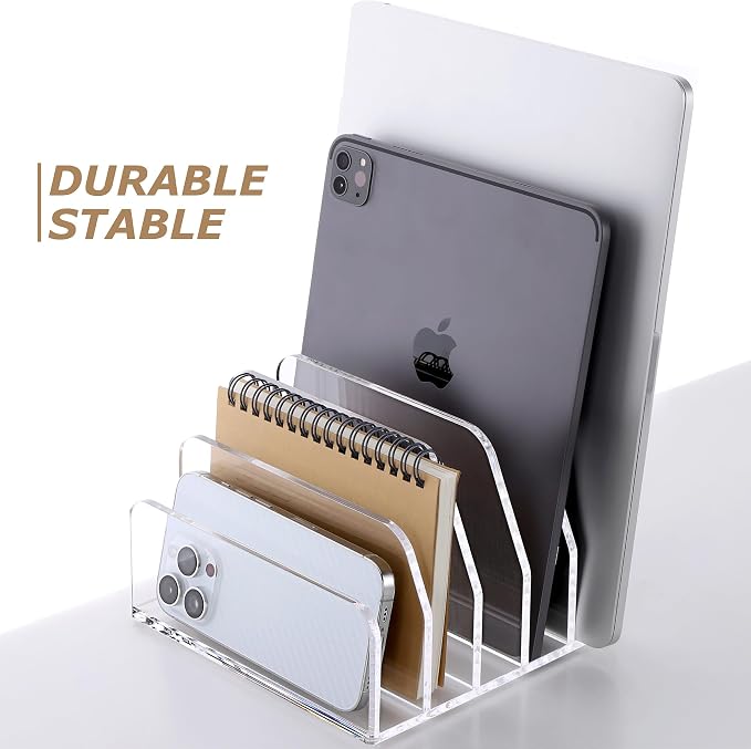 SANRUI Acrylic Desk Mail Organizer Sorters, Clear 5 Upright Compartments Laddered Desktop File Letter Holder, Multifunction Envelope Vertical Folder Racks Document Holders for Office, Home, School