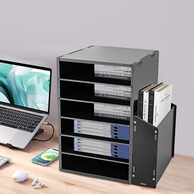6-Tier File Organizer, 6 Slot Thick Board Desktop Mail Sorter w/Side Storage Cabinet, Adjustable Shelves File Sorter, Paper Organizer for Home School Office (Black, 6 Slot)