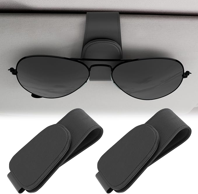 BFXM 2PCS Sunglass Holder for Car, Sunglasses Holder Eyeglass Hanger Clip Magnetic Leather for Car Visor, Cars Sun Visor Ticket Card Clip, Car Visor Accessories(Black)