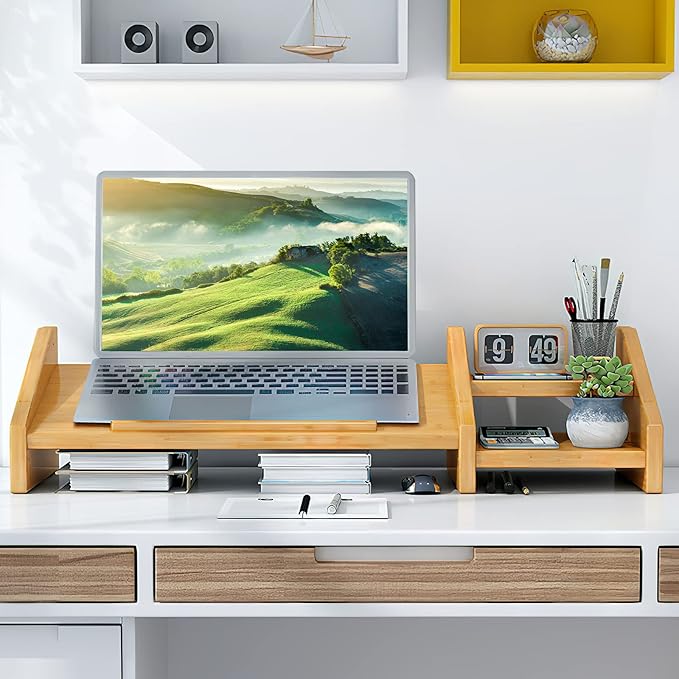 Ufine Bamboo Laptop Stand for Desk 3 Heights Adjustable Notebook Stand Computer Monitor Riser with 2 Tier Storage Shelf, Desktop Organizer Printer Stand for Home Office