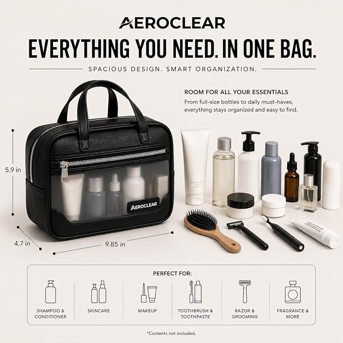 Premium Clear Toiletry Bag, TSA Approved Waterproof Organizer | Rigid structure, clear visibility, 3-compartment organization, sleek black finish