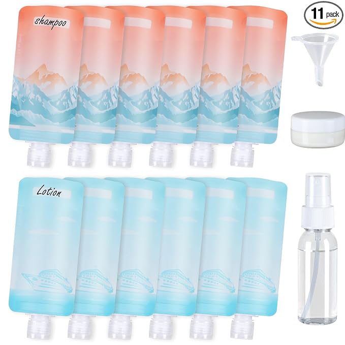 PACKISM 15 Pack Travel Pouches for Toiletries, 3 oz TSA Approved Liquid Containers, Leak Proof Squeeze Bags for Cruise & Camping, Space Saving Refillable Carriers, Colorful Mountain Cruise Ship