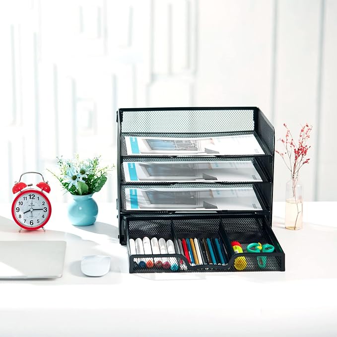 SETTFRFE 4-Tier Metal Desk Organizer-Paper Letter Tray with Drawer,Black | Desktop File Organizer with 2 Sliding Trays & 1 Drawer,Office Supplies Organizer and Storage for Office,Classroom,Home