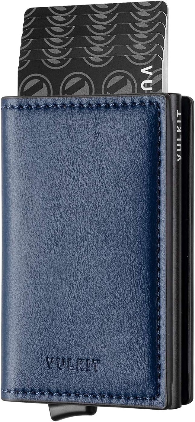 VULKIT Credit Card Holder RFID Blocking Leather Automatic Pop Up Wallet Aluminum Pocket Business Card Case