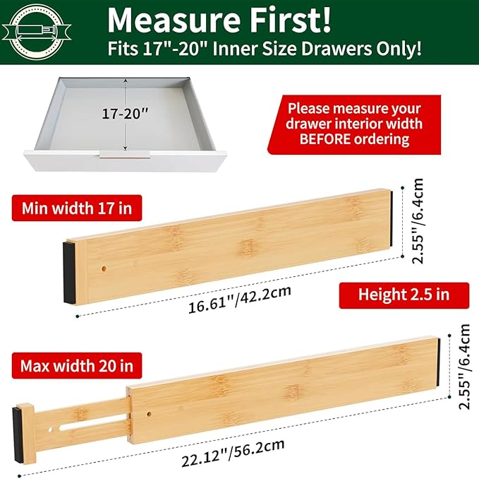 Dunruz Bamboo Drawer Dividers 2.6" High,17"-20" Adjustable Spring Loaded Clothes Drawer Organizers for Kitchen, Dresser, Bathroom, Bedroom and Office