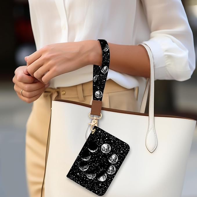 Blusabaca Credit Card Holder for Women, Moon Small RFID Blocking Wallet with Wristlet Strap, Keychain Zipper Women Wallet, Leather Card Case, Card Wallet Purse with Key Lanyard