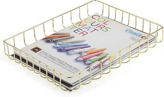 BTSKY Multipurpose A4 File Tray Wire Desk Tray Organizer Elegant Letter Size Desk Documents Trays Magazine Files Storage Basket Organizer Bin for Office Cosmetics Bathroom(Gold)