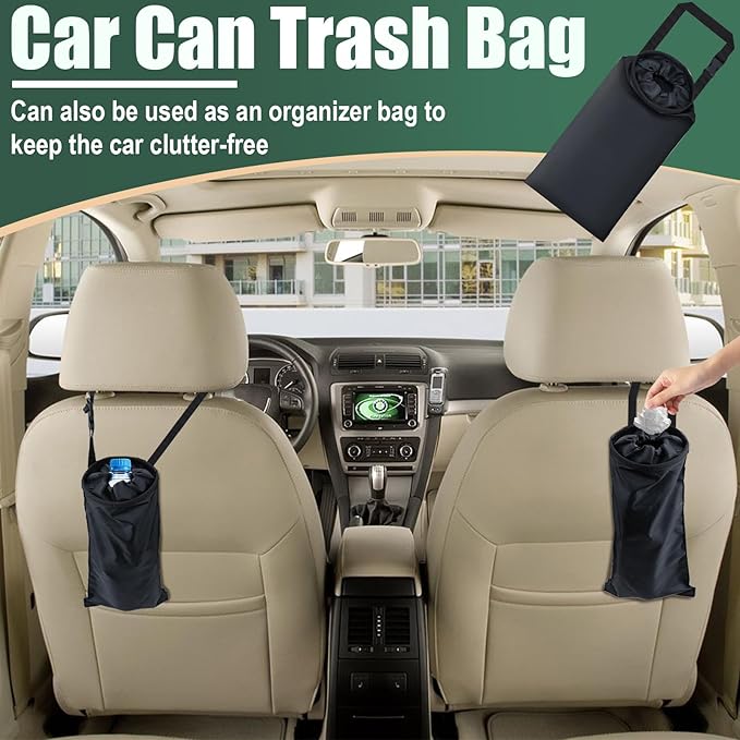 ecocstm 2 PCS Car Trash Bags, Car Accessories Washable Garbage Bag Hanging, Detachable Trash Can with Top Elastic Vent & Sticky Strap Bottom Opening, Seat Back Tash Bag for Cars,Travelling,Outdoor