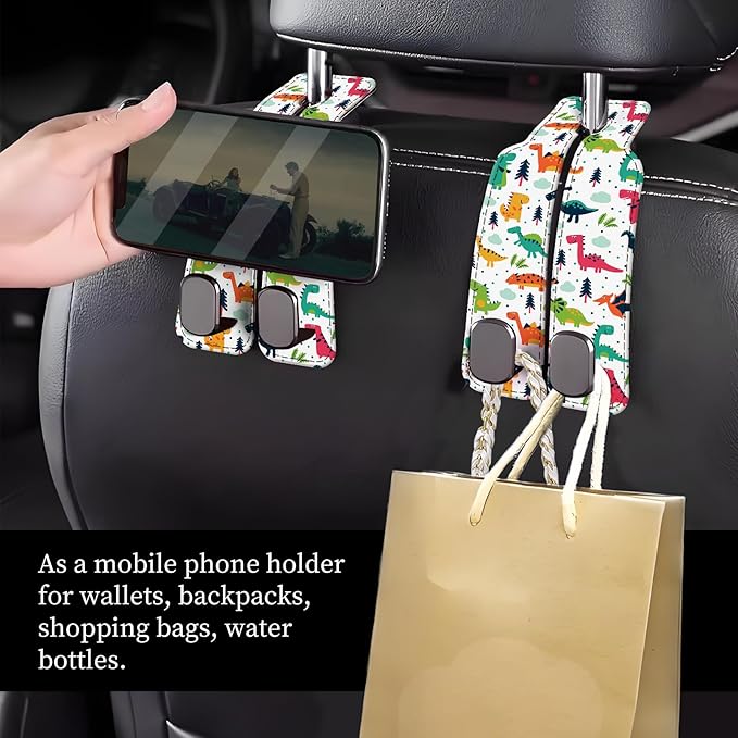 Car Seat Headrest Hook, Universal Leather Cute Hanger Holder Hook, Storage Organizer Interior Accessories for Purse Bags Handbag Colorful Cute Dinosaurs