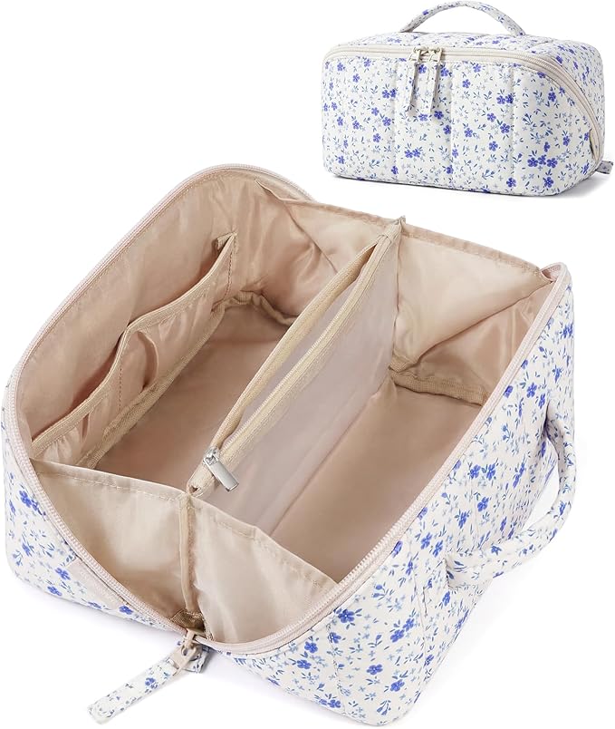 BAGSMART Travel Makeup Bag for Women, Portable Water-resistant Cosmetic Case, Puffy Padded Make Up Organizer Pouch, Open Flat Toiletry Bag for Toiletries, Brushes, Blue Ditsy Floral