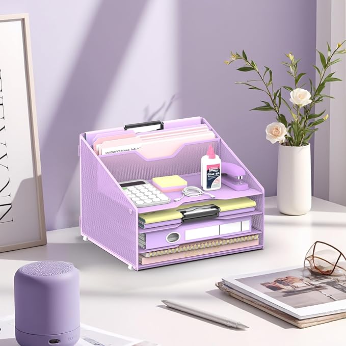 Desk File Organizer, 4 Letter Trays and 2 Upright Sections, Purple | Paper organizer for desk with tiered letter trays and upright file sections for home office, school and workspace use