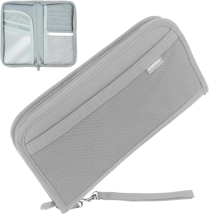 Fosmon Passport Bag, RFID Blocking Travel Document Organizer, Gray | Polyester material, slim RFID-blocking wallet, compact 9.8x1x5.5 inches, for airplane travel, unisex, gray.
