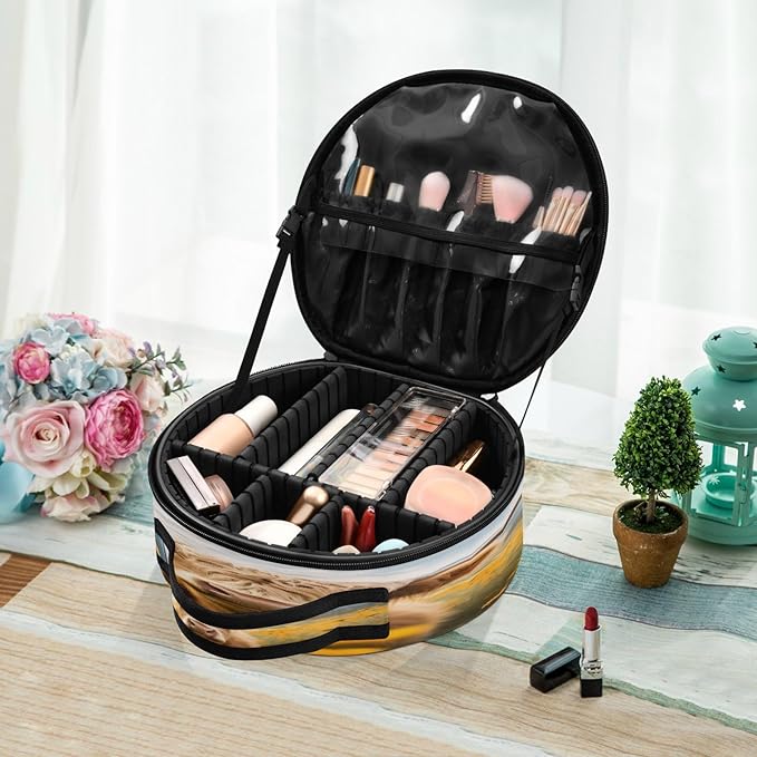 senya Round Cosmetic Pouch Travel Makeup Train Case Bull Flowers Makeup Organizer Bag with Adjustable Dividers Portable for Cosmetics Makeup Brushes Toiletry Jewelry Accessories