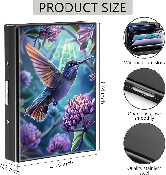Credit Card Holder, Hummingbird Design Mini RFID Blocking Aluminum Wallet Slim Metal Hard Case Shell Travel Wallet ID Case Small Credit Cards Case Business Cards for Women Men Girls