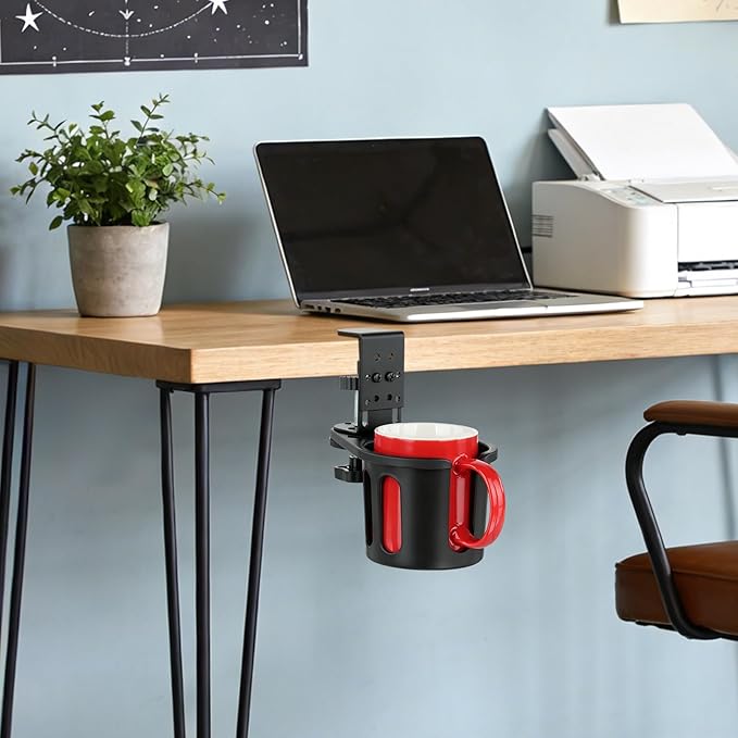 MYITYARD Desk Cup Holder Clamp, Clip On Table Cup Holder, Rotatable Water Bottle Stand Drink Coffee Mug Storage, Office Accessories for Home and School