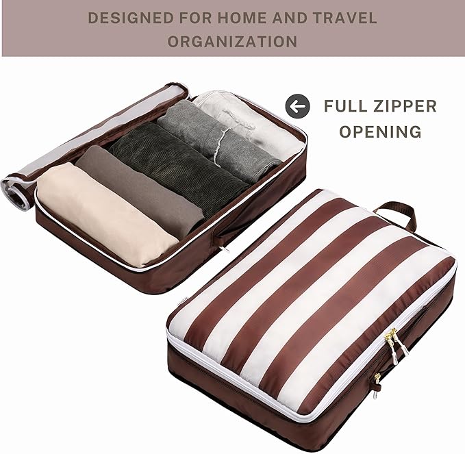 Extra Large Compression Packing Cubes for Checked Luggage, Lightweight Suitcase Organizers & Space Saver Bags - Travel Cubes for Packing - 2pc Set, X-Large - Brown Cabana Stripe