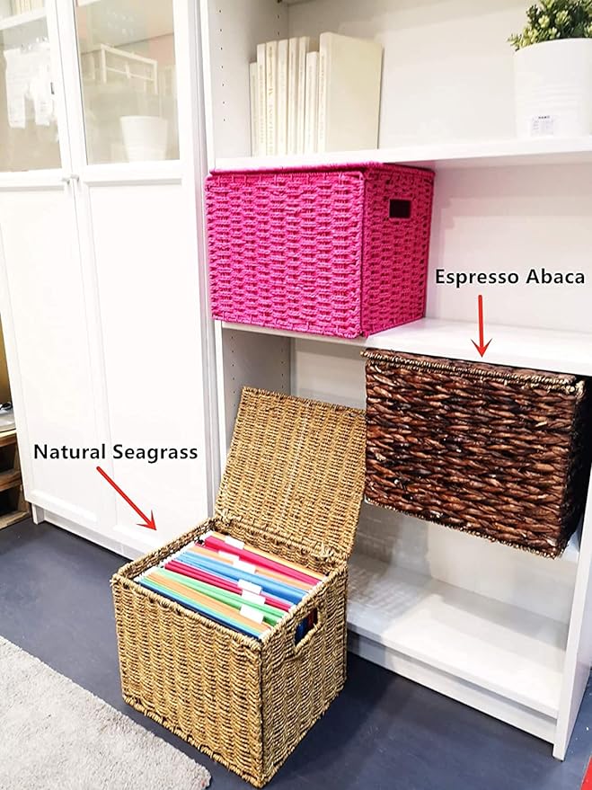 URFORESTIC Seagrass File Filing Cabinet File Box Organizer | Collapsible Letter Size Hanging File Box Organizers with Lid | Decorative Seagrass Filing & Storage Office Box | Letter Size (Natural)