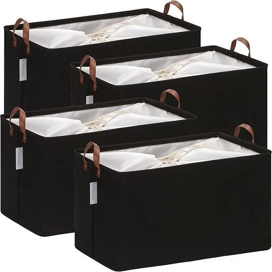 Hinwo 70L Extra Large Storage Bins, 4-Pack Closet Organizers and Storage, Foldable Clothes Storage Baskets with Handles, Containers for Clothing, Blanket, Comforters, Toys, Bedding (Black)