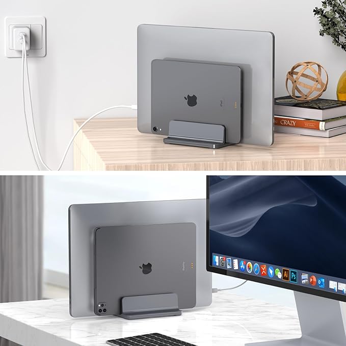 YICOSUN Dual-Slot Aluminum Vertical Laptop Stand for Desk - Adjustable Width Dock for MacBook, Surface, Samsung, HP, Dell up to 17.3 inches - Space-Saving & Protective Design - Gray
