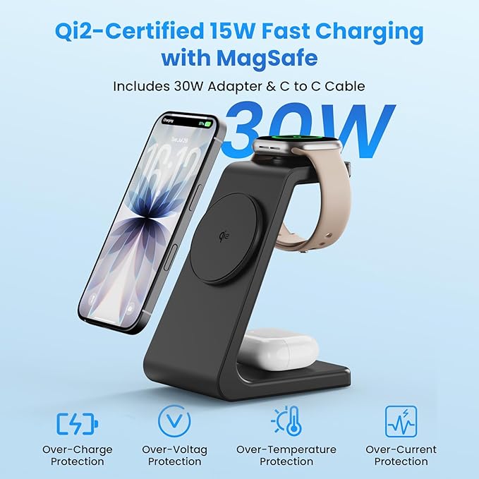 Qi2 15W Charging Station for iPhone 17: JoyGeek 3-in-1 Fast Wireless & Magnetic Charger for Magsafe, iPhone 17-12, Apple Watch Ultra 2-11 & AirPods 2-4, Includes 30W PD Adapter
