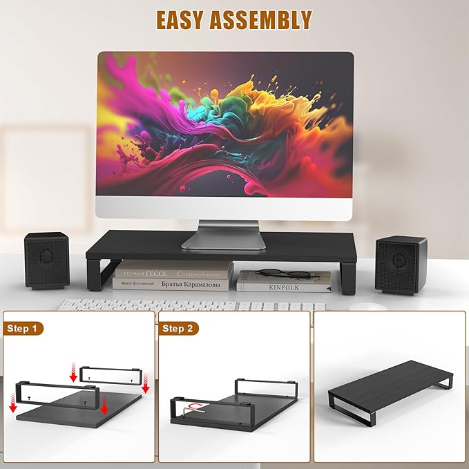 XINYAO Monitor Stand for Desk, Wood & Steel Computer Stand Riser with Storage Organizer for Office Laptop, PC, Printer 24 x 12 x 3.3 inch, Black