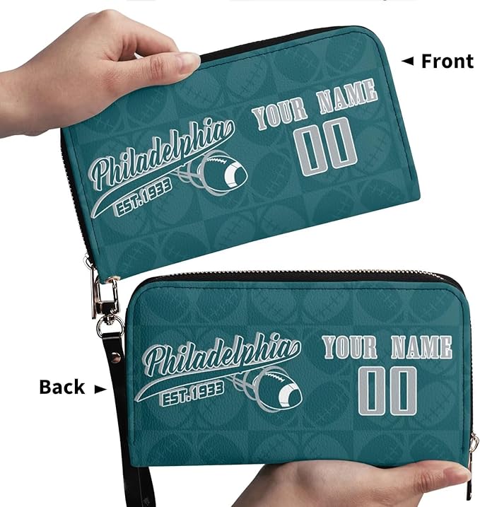 Custom Sports Team Zip Organizer Wallet-Personalized PU Leather Wallet with Name Number,Multi-Card Slots,Wrist Strap,Fan Gift for Men Women.